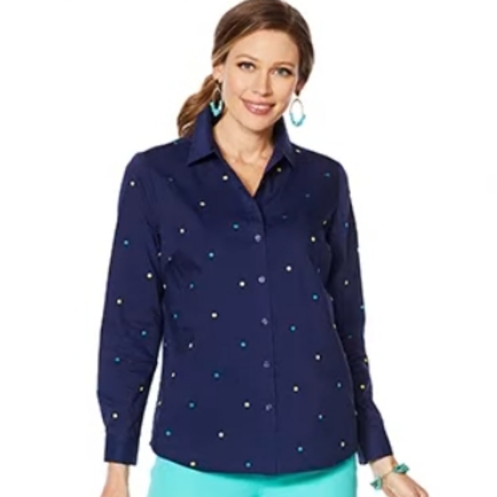 Lemon Way Navy 365 Poplin Embroidered Polka Dot Button Down Size Small